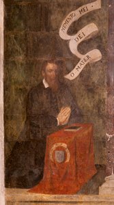 Kostel (kostel sv. Jana Křtitele). Interiér. Kaple Saint-Fursy. Nástěnné malby. Oslava Marie (freska známá jako dobrá smrt). Začátek 17. století. od French School