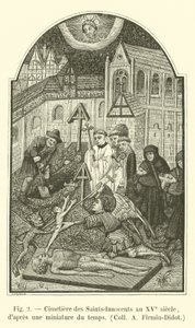 Hřbitov svatých-Nevinných v 15. století, z tehdejší miniatury, Coll A Firmin-Didot od French School