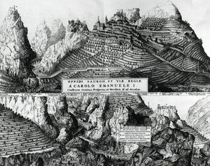 Město Saorge, Francie, pod vládou Savojska, rytina od French School