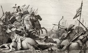 Clodion, Chlupatý (c.428-47) ustupuje přes most po jeho porážce od Aetia, z 