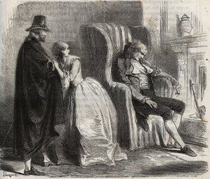 Clotilde Sprengel a Zacharie Bergmann sledují spící německého lékaře Petruse Schultze před 18. stoletím. Rytina z roku 1871 v „Histoire Des Cocuses Celebres““ od Henryho de Kocka (1819-1892). od French School