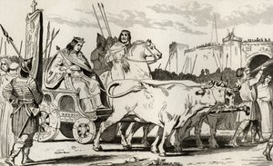 Clovis III (682-95) ve voze taženém Oxenem, s Pepinem II z Herstalu (kol. 714) jedoucím po jeho boku, z 
