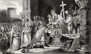 Clovis I (465-511) pokřtěný muži ze své armády před bitvou u Tolbiacu, z „Histoire de France“ od Colarta, vydáno kolem roku 1840 od French School