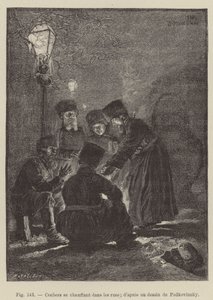 Kočí se vyhřívají na ulicích (rytina) od French School