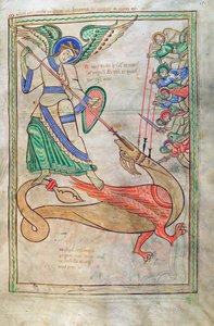 Treska. Guelf. 1 Gud. lat. 15r, Saint Michael Fighting the Dragon, z Liber Floridus od Lamberta de Saint-Omer c.1120 od French School