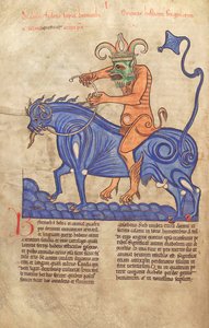 Treska. Guelf. 1 Gud. lat. 41V, Satan jezdící na Behemoth, z Liber Floridus od Lamberta de Saint-Omer c.1120 od French School
