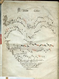 Sbírka balad, motet a písní Hudební stránka s černo-modro-červenými notami od Baude Cordiera (1380-1440), noty pro začátek 15. století. Chantilly, Conde Museum od French School