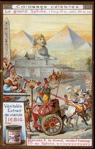 Slavný kolos: Velká sfinga (délka 55 m, výška 20 m): Ramses II., Veliký, vzdává hold Sfinze - Liebigova chromolitografie od French School