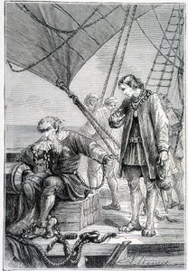 Kolumbus spoutaný jako padouch (na palubě lodi), nemocný. "" Discovery de la Terre "" od Julese Verna, ed. Hetzel, n. d. 19. od French School