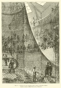 Výroba sítě parního balónu M Henriho Giffarda, Corderie centrale MM Fretet et Ce, ve Vincennes (rytina) od French School