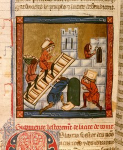 Stavba Říma. Miniatura rukopisu „Histoire ancienne à la Cesar“, kolem 1260-1270 napsaná úředníkem ve službách dvora Rogera IV., Chatelainem z Lille (1208-1230), autorem by mohl být některý z Denainových Wauchier. Dijon, Mnichov od French School