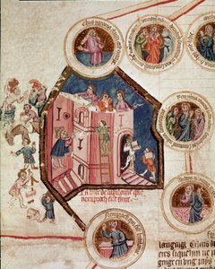 Místo stavby babylonské věže v Babylonu Stránka převzatá z rukopisu "Genealogy de la Bible" francouzské školy. 14. století Cremone, biblioteca governativa od French School