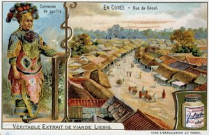 Coree: Seoul Street a ženský kostým - chromo Liébig, v.1900 od French School