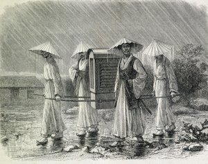 Coreens se obléká do palanquinu (pláštěnka coreens) a nese židli. Ilustrace převzata z knihy "Výprava do Koreje" od pana H. Zubera, bývalého námořního důstojníka (1866) - v časopise "Tour du Monde". od French School