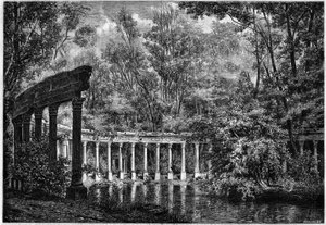 Korintská kolonáda kolem oválné pánve v Parc de Monceau v Paříži od French School