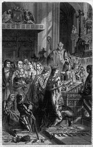 Korunovace císaře Ottona I. (912-973) papežem Janem XII. v roce 962 Rytina v „Histoire des Papes-King-Queen-and-Empereurs a travers les century“ od Maurice Lachatre od French School