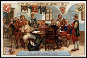 Korporace ve středověku: porada porotců řezníků, koželuhů, mydlářů, ševců, rukavic a montovaných holičů - reklamní viněta Liébig, konec 19. stol. od French School