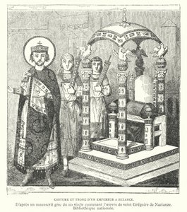 Kostým a trůn byzantského císaře, 9. století (rytina) od French School