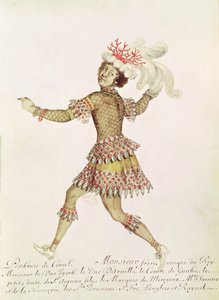 Návrh kostýmu pro lovce korálů pro Sňatek Thetis a Pelea od Francesca Cavalliho (1602-76) 1654 (wc na pergamenu) od French School