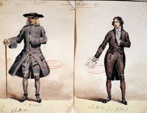 Kostýmní návrh pro první inscenaci Chatterton od Alfreda de Vigny (1791-1863): Quaker a Geffroy jako Chatterton, 1835 (wc na papíře) od French School