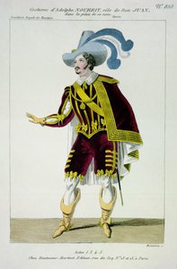 Kostým pro Adolphe Nourrit (1802-39) v úloze Dona Giovanniho v Opeře toho jména, rytina Maleuvre, tisk Hautecoeur-Martinet od French School