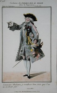 Kostým pro Firmina v roli Felixe v La Tapisserie, deska 108 z "Petite Galerie Dramatique", vydaná Martinetem, Paříž od French School