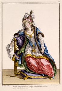 Kostým pro manželku Sultanů v La Comedie Francaise, tisk od Patuse (ručně kolorovaná rytina) od French School