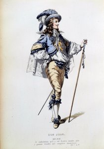 Kostým pro postavu Dona Juana ve scéně 2 dějství I stejnojmenného kusu Jeana Baptista Poquelina dit Moliere (1622-1673). Rytina Paříže 19. století, Comedie francaise od French School