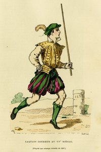 Kostým lokajského běžce v 15. století, pověřeného běháním před kočárem, aby uvolnil cestu a oznámil průchod šlechtice nebo pána. Barevná rytina, v „France et les francais a travers les století““ od Augustina Challamela, F. Roy ed. od French School