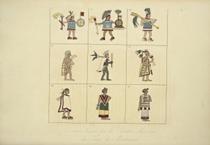Kostýmy navržené mexickými malíři doby Montezumy, ilustrace z Vues des Cordillères et Monumens des Peuples Indigènes de lAmérique od Alexandra von Humboldta a Aime Bonpland, 1 od French School