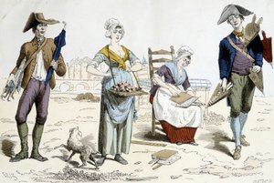 Kostýmy Paříže v průběhu staletí. Ilustrace oblečení z 18. století: obchodník s deštníky, květinami, kartonem a měchy. od French School