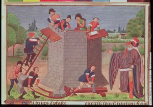 Cott Aug V fol. 22 Stavba babylonské věže, miniatura z „Le Tresor des Histoires“ (vellum) od French School