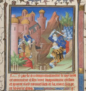 Cotton Nero E II pt.1, f.222, bitva Ludvíka VII. a jeho otce, z Grandes Chroniques de France od French School