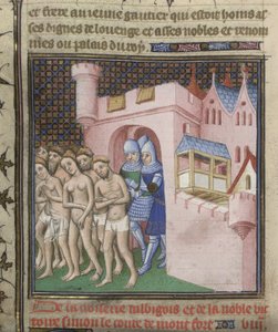 Bavlna Nero E. II pt.2, f.20v Vyhnání albigenských z Carcassone v roce 1209 z „Grandes Chroniques de France“, kolem 1415 (inkoust, barva a zlato na papíře) od French School