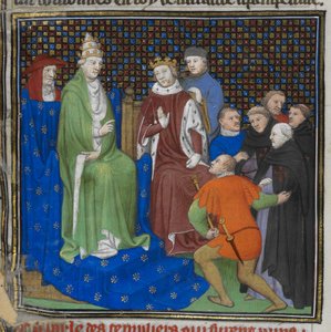 Bavlna Nero E II pt2 fol.100v Templáři před Filipem IV. (1268-1314) a papežem Klementem V. (asi 1260-1320), z 