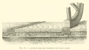 Část kolejnice tramvají v provozu v Paříži (rytina) od French School