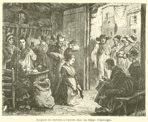 Kadeřník při práci ve vesnici v Auvergne (rytina) od French School