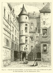Nádvoří domu obývaného ve čtrnáctém století výrobcem těstovin z lidského masa, rue des Marmousets, 1850 od French School