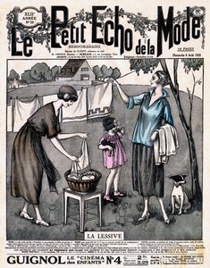 Obálka novin "" Le petit echo de la mode "" la prací prostředek - dvě ženy s dívkou a psem rozprostřely prádlo usušené na niti venku, č. 32 z 8. srpna od French School
