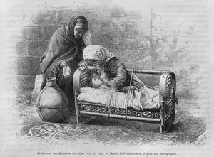 Kolébka maronitů, od La Syrie dauhui. Voyages dans la Phenicie, le Liban et la Judee. 1875-1880 Louise Charlese Emila Lorteta, 1884 (čb rytina) od French School