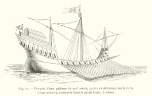 Náčrt galéry ze 16. století, malba temperou na dveřích skříně, zachovaná v paláci Doria, v Janově (rytina) od French School