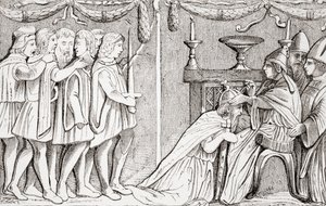 Korunování Zikmunda jako císaře Svaté říše římské papežem Evženem IV v roce 1433, z L"Histoire Universelle Ancienne et Moderne, vydané ve Štrasburku kolem roku 1860 od French School