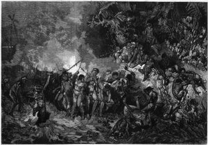 Custom of New Caledonia: Pilou pilou (Pilou-pilou), traditional Kanak dance. Engraving in “” Le Monde Illustré”” n°772 of 27 January 1872. od French School