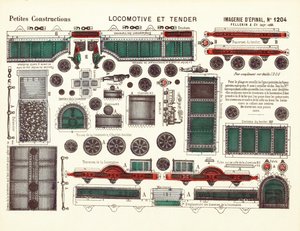 Vystřihovánky pro parní lokomotivu a Tender, cca 1880 (barevné lito) od French School