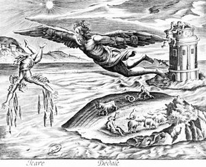 Daedalus na útěku z Kréty se svým synem Ikarem, vidí ho padat k smrti, 1619 od French School