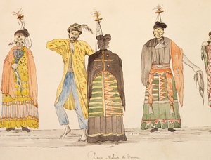 Tanec pocházející z Buru na Molukách, akvarel od Jules-Louis Lejeune, založený na Cestě kolem světa od French School