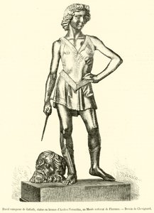 David dobývá Goliáše, bronzová socha Andrea Verocchio, v Národním muzeu ve Florencii (rytina) od French School