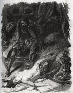 Smrt Francoise de Foix, hraběnky z Chateaubriant (asi 1495-1537), zavražděná svým manželem Jeanem de Laval Comte de Chateaubriant (Laval-Chateaubriant) (1486-1543), který se tak pomstil nevěrcům své ženy. Rytina z roku 1871 v „Histoire Des od French School