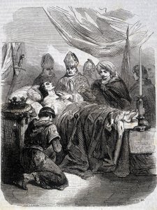 Smrt Saint Louis v Palestině v roce 1270 - v „“ Histoire de France““ od L.-P. Anquetil od French School