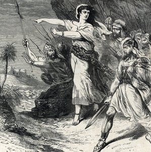 Debora johdattaa Jabinin, Kanaanin kuninkaan, sortamaa Israelin kansaa taistelemaan. Kaiverrus "Pyhästä historiasta", Lahure 1800-luvun yksityiskokoelmasta od French School